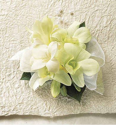 White Orchids & Freesia Wrist Corsage