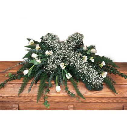 White Casket Spray with Cross