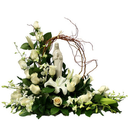 Madonna Statue Floral Arrangement