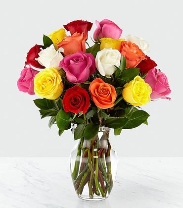 Mixed Color Roses in Vase - Deluxe