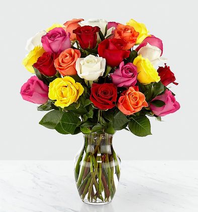 Mixed Color Roses in Vase - Premium