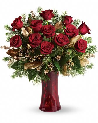 Shining Christmas Roses in Red Vase