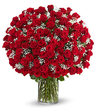 100 Premium Red Roses in a Vase - Deluxe