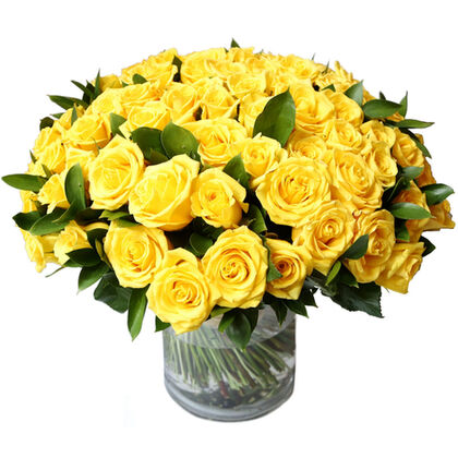 100 Premium Long-Stemmed Yellow Roses In a Vase