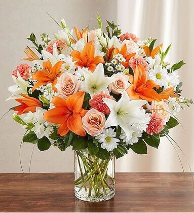 Peach, Orange & White Flower Gathering Arranged In A Vase - Deluxe