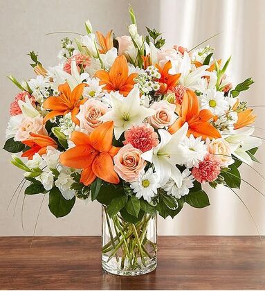 Peach, Orange & White Flower Gathering Arranged In A Vase - Premium