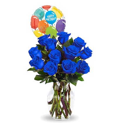 Happy Birthday Blue Roses Vase Arrangement - Package B
