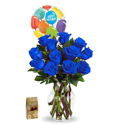 Happy Birthday Blue Roses Vase Arrangement - Package C