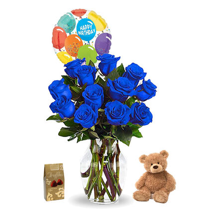 Happy Birthday Blue Roses Vase Arrangement - Package E
