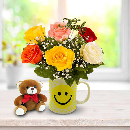 Colourful Thanks Roses in Smiley Mug - Deluxe