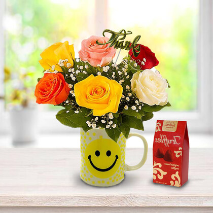 Colourful Thanks Roses in Smiley Mug - Premium