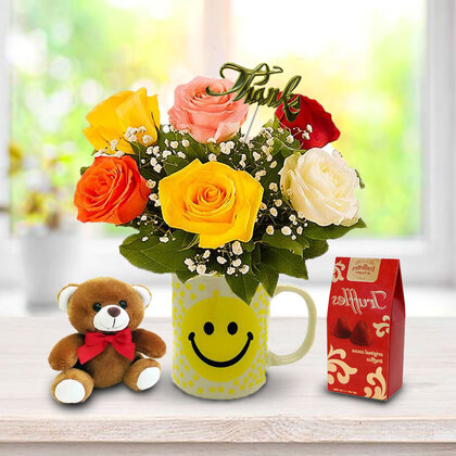 Colourful Thanks Roses in Smiley Mug - Ultra Premium